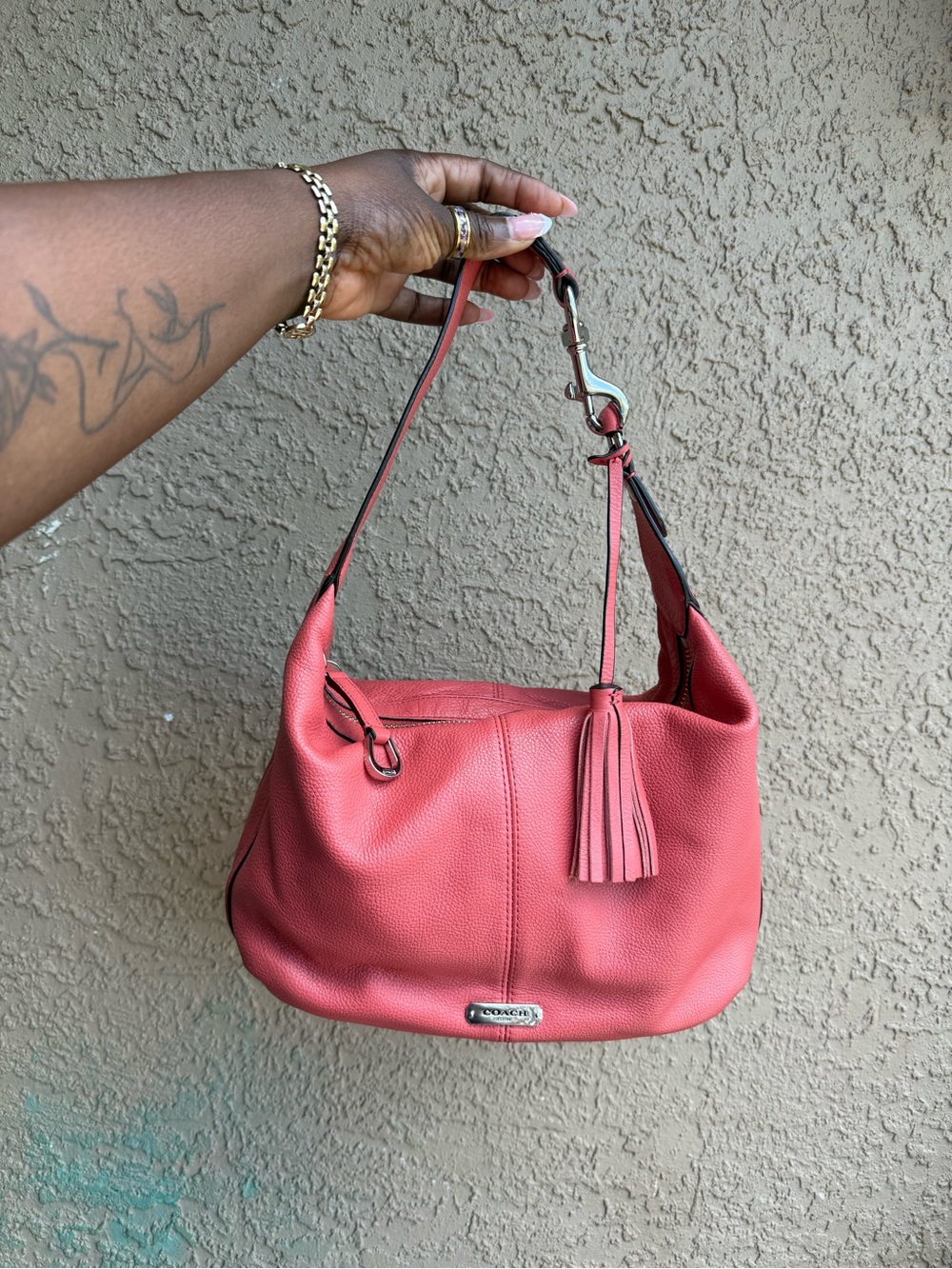 Coach Coral Pink Avery Hobo Pebbled Leather Shoulder Bag with Tassel